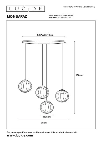 Lucide MONSARAZ - Pendant light - 4xE27 - Green - technical